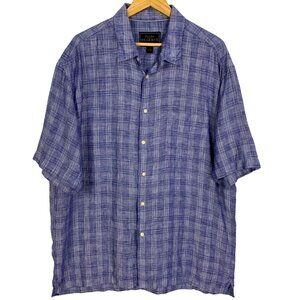 Jos. A. Bank Reserve XL 100% Linen Short Sleeve Preppy Shirt Madras Blue Plaid